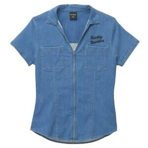 Harley-Davidson Liberty Bell Stretch Denim Blue Full Zip Shirt Med Cotton Women